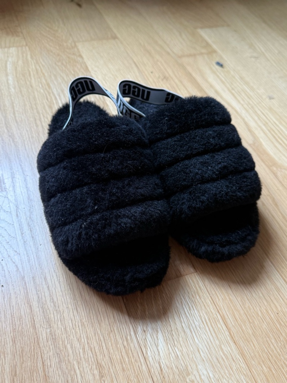 UGG Black Fuzzy Slide with Branded Elastic Strap
